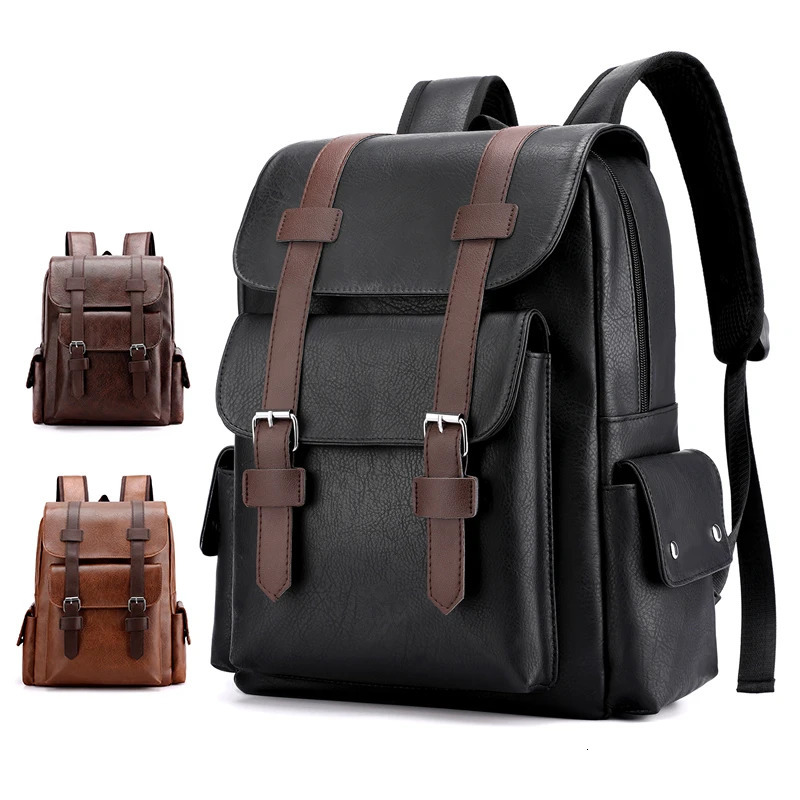 Men Backpack PU Leather Bagpack Large Laptop Backpacks Male Mochilas Black Schoolbag For Teenagers Boys Brown Sac A Dos251104