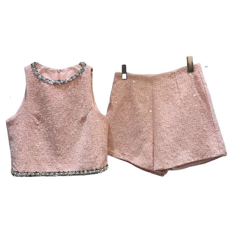 PREPOMP 2024 Summer New Arrival Sleeveless Sier Sequins Embroidered Beadings Vest Tweed Shorts Two Piece Set Outfits Gr649