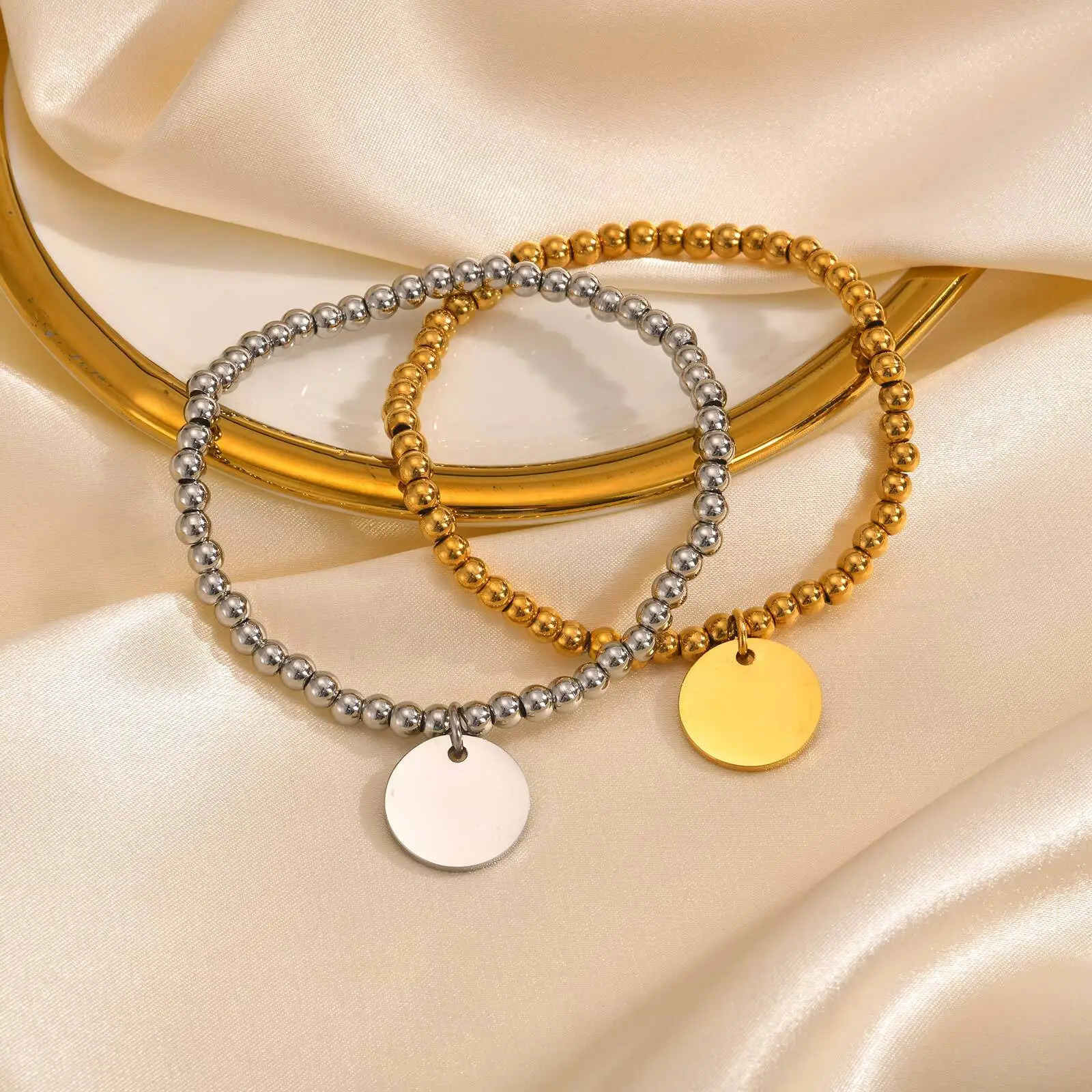 Free Customized Coin Disc Charms Bracelet Elastic Beaded Strand Bracelet for Women Stainless Steel Initial Name Personalized 250327