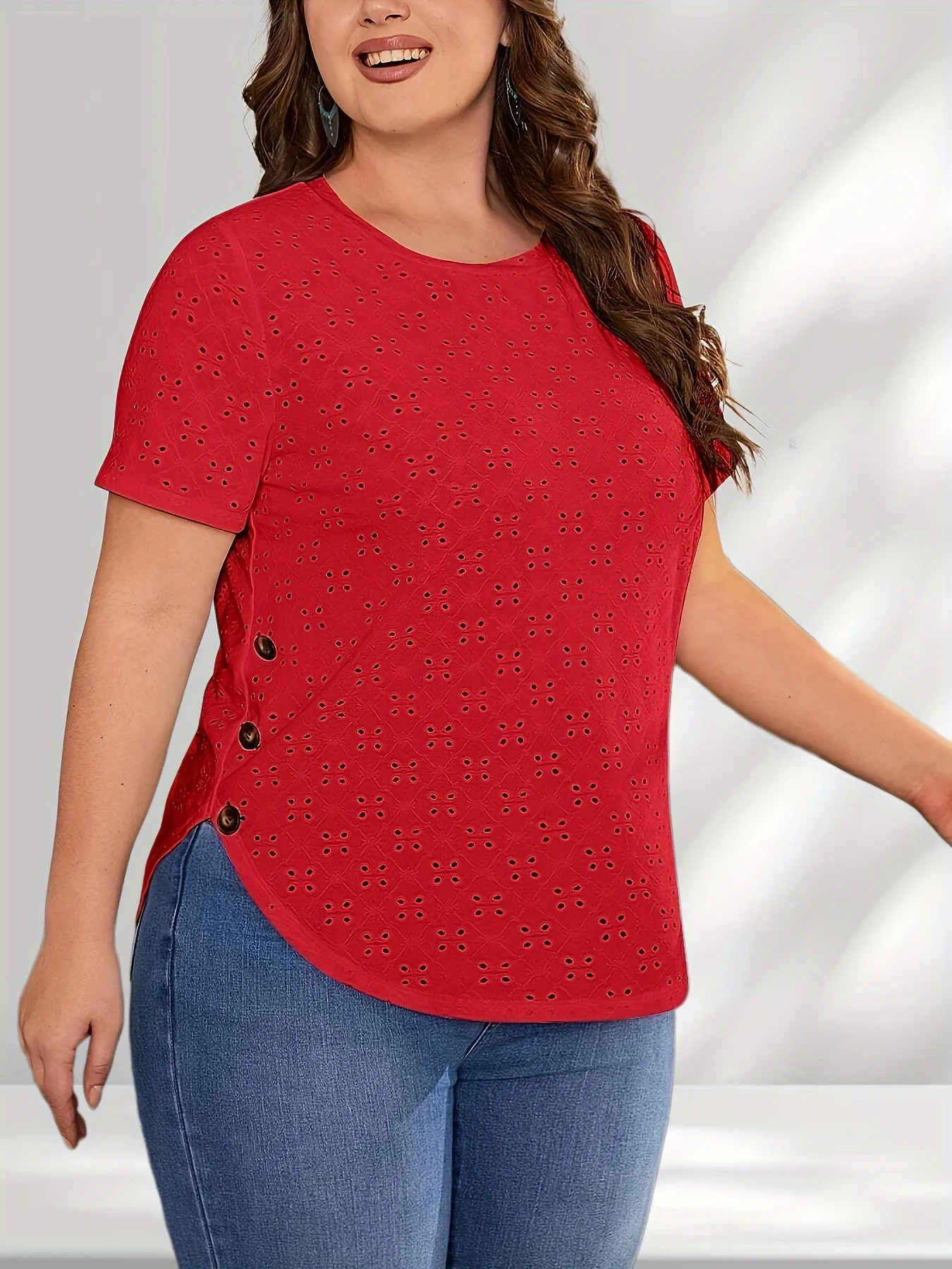 Fashion womens plus size 1XL5XL hollow short sleeved Tshirt casual loose button detail curve hem round neck 250401