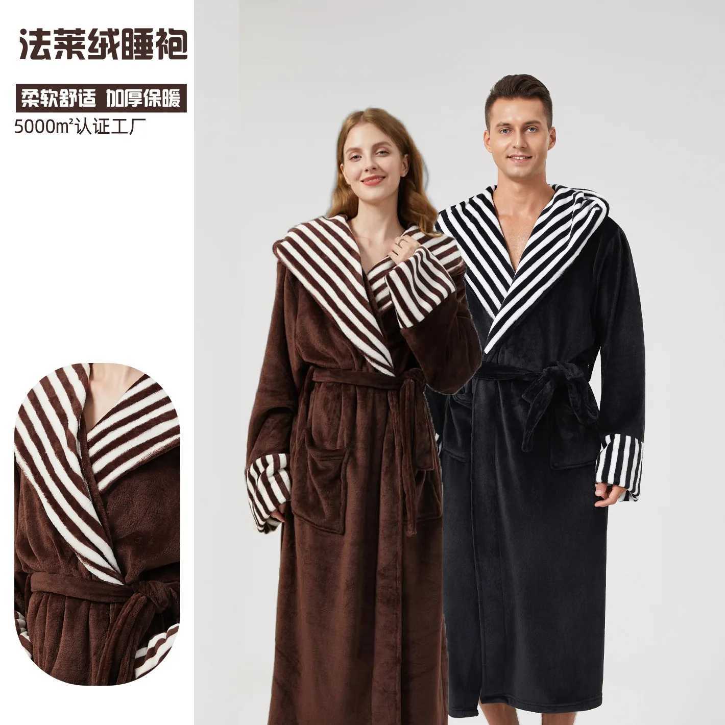 Autumn Winter New Couple Long Robe Flannel Stripe Sleepwear Home Clothes Loose Hooded Bathrobe Nightwear Coral Fleece Loungewear C251104