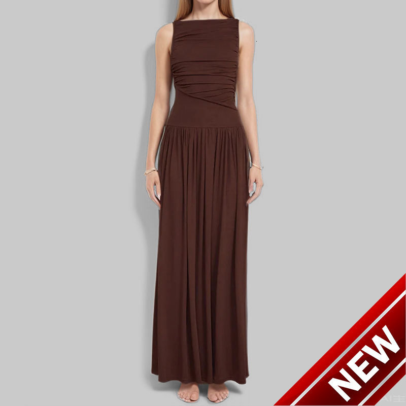 2025 new Tk new pleated sleeveless solid color slim waist long skirt patchwork sexy dress