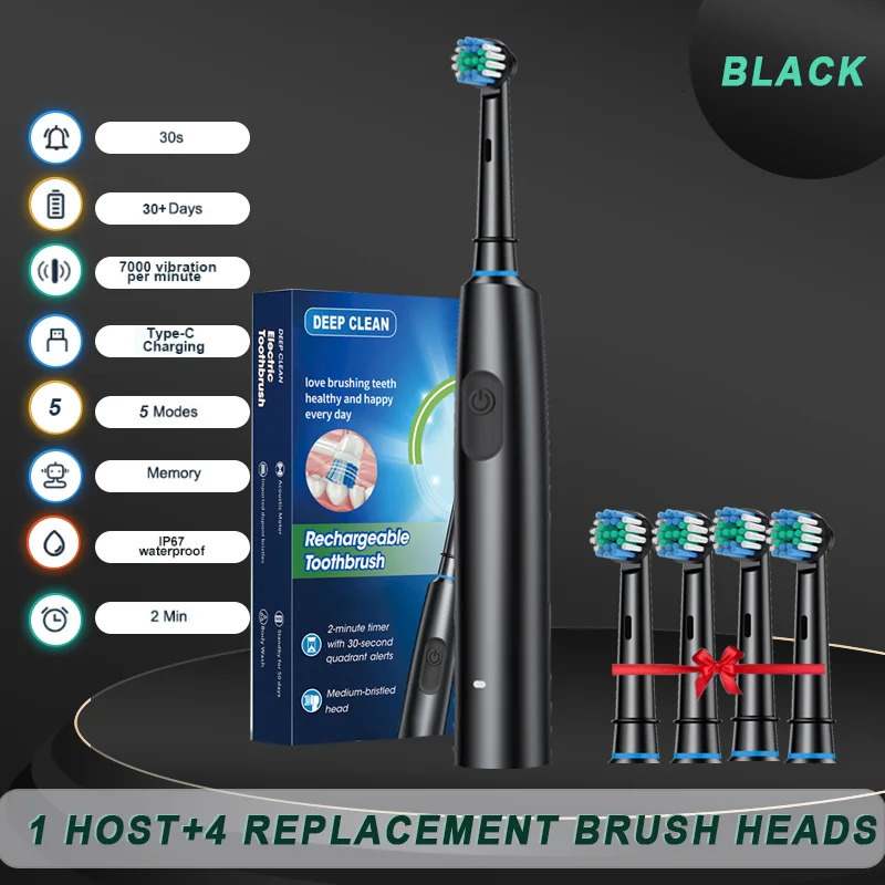 2025 Rotating Electric Toothbrush in 5 Modes USB Charger with 4 Head Adult Charging Brush 250325