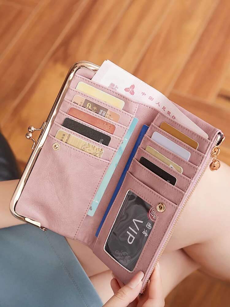 2025 new solid color multifunctional long wallet retro tote bag coin wallet designer women's card clip zipper wallet2