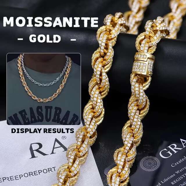 Full Iced Out Hip Hop Jewelry Moissanite Diamond Cut Rope Chain Necklace Sterling Silver 8/10/12mm Twisted Diamond Rope Chain