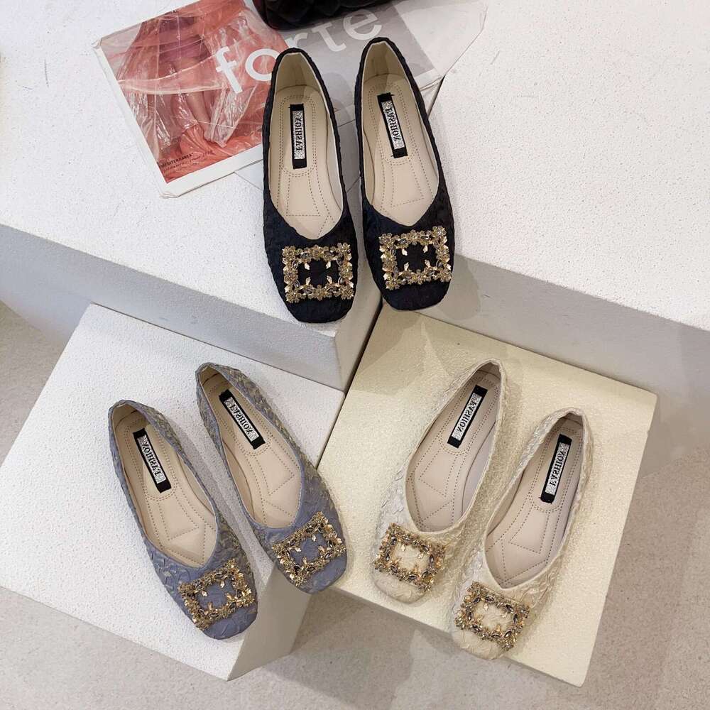 Single shoe women's 2024 spring/summer new fairy style shallow mouth one foot casual rhinestone square toe bean shoes