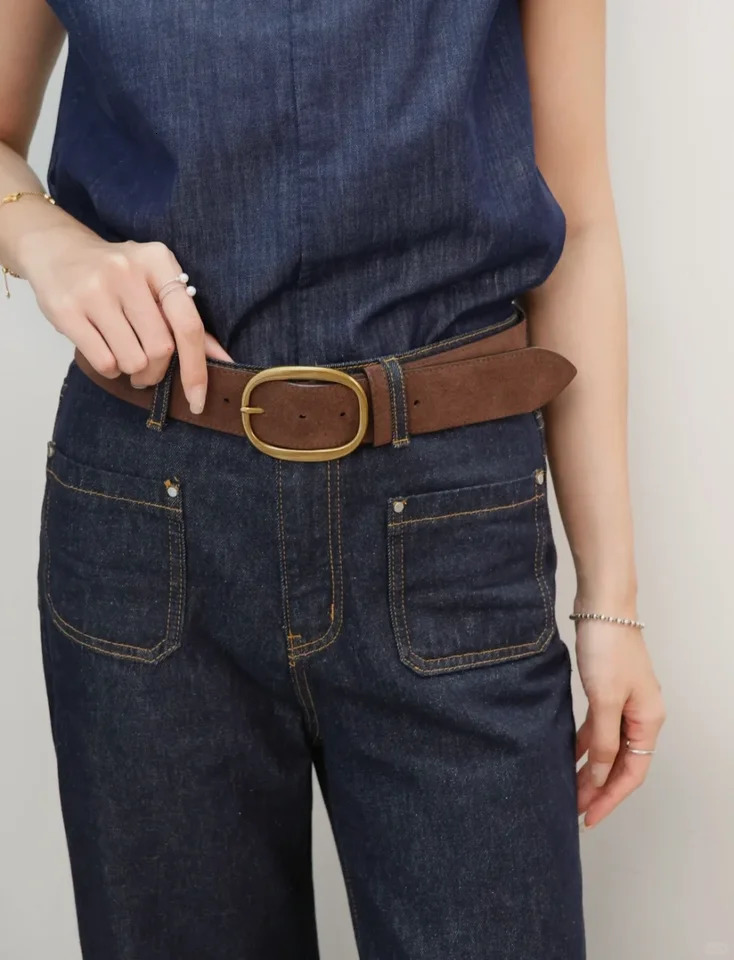 45cm Wide Women Belts Vintage Suede Cowhide Belt Gold Oval Buckle Skinny Waistband Genuine Leather Belt for Dresses 251104