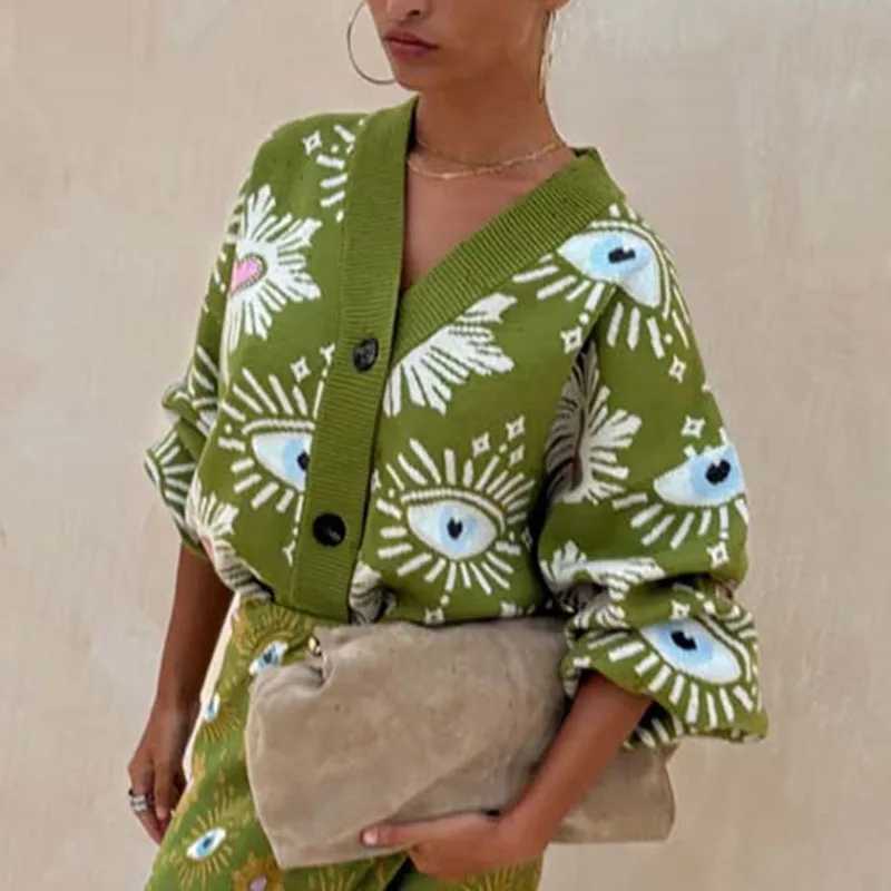 Vintage Geometric Print Sweater Cardigan Woman Elegant Single Breasted V Neck Jacket Autumn Long Sleeve Loose Knitwear Top Mujer J251103