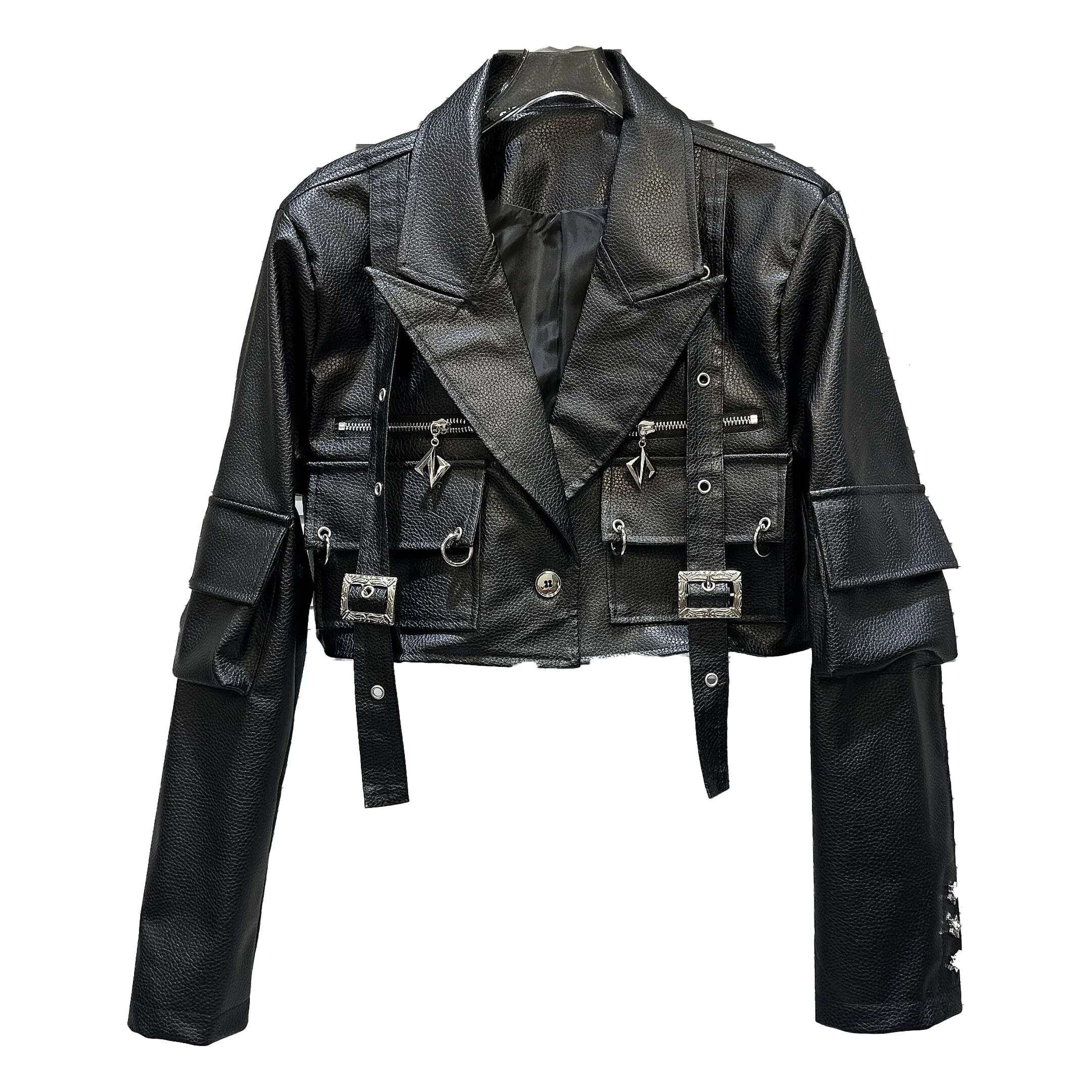 PREPOMP 2023 Autumn New Arrival Multi Pockets Bandage Black Pu Faux Leather Jacket Women GL806