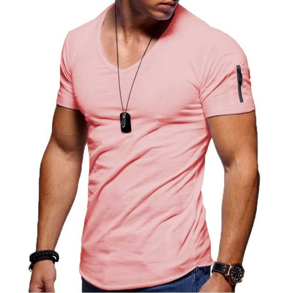 T-shirt solid color mens T-shirt with V-neck and side zipper. (Pattern can be customized) T-shirt W250403