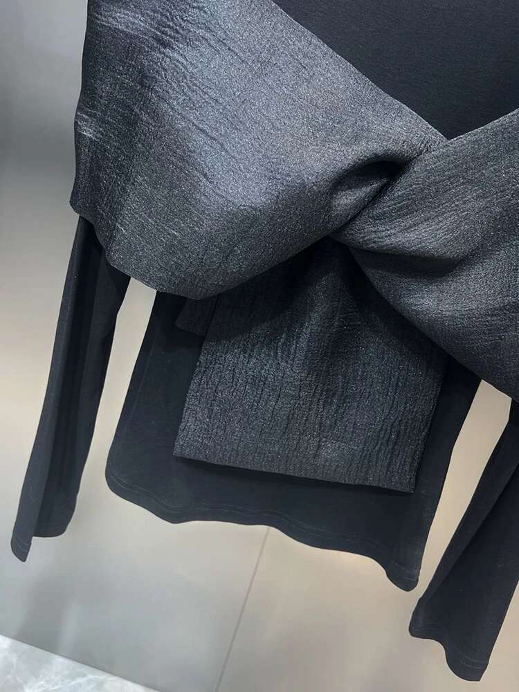 TWOTWINSTYLE Solid Spliced Bowknot Shirt For Women O Neck Long Sleeve Patchwork Mesh Casual Temperament T Shirts Female Style