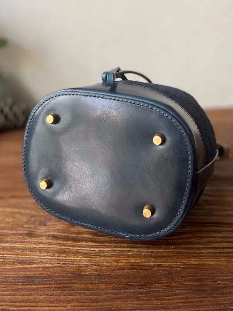 Vintage Handmade Women Cow Suede Leather Bucket Small String Shoulder Casual Totes Handbag Patchwork Strap Crossbody Bag