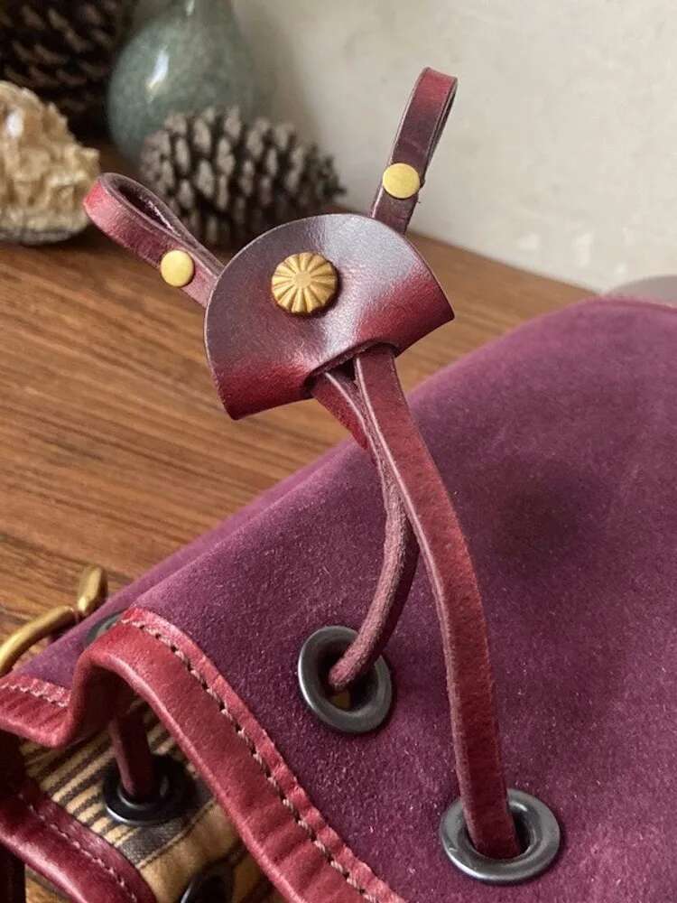 Vintage Handmade Women Cow Suede Leather Bucket Small String Shoulder Casual Totes Handbag Patchwork Strap Crossbody Bag