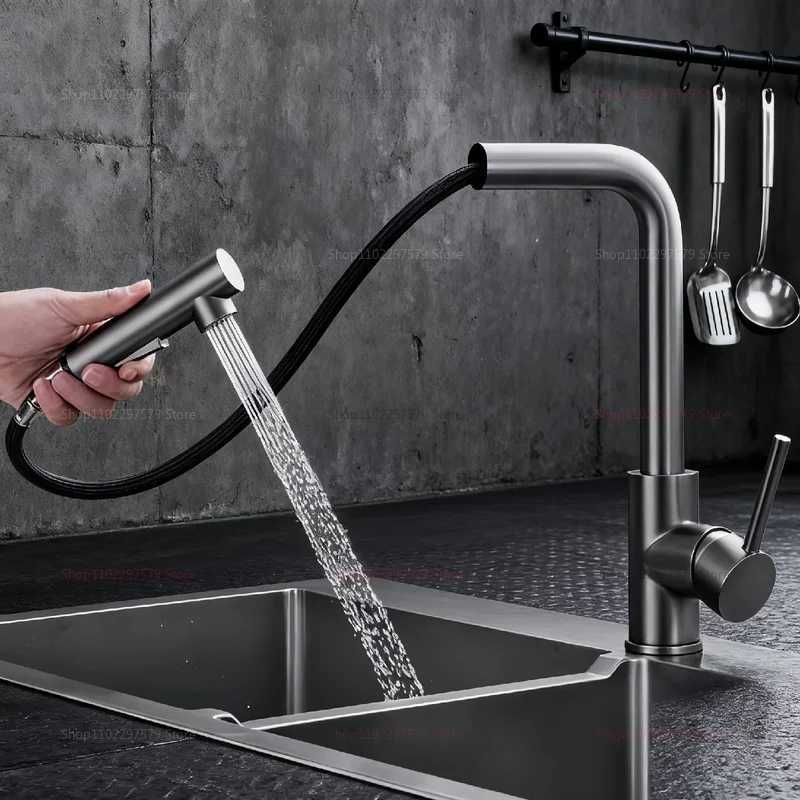 Black and Silver Pl Out Kitchen Faucet with Telescopic Spout Dual Spray Mode Stainless Steel Hot Cold Water Faucet for Kitchen Y251104