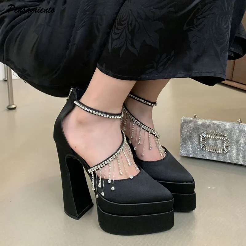 Rhies Tassels Satin Women Pumps Elegant Pointed Toe Platform Wedges Super High Heels Runway Style Party Prom Shoes