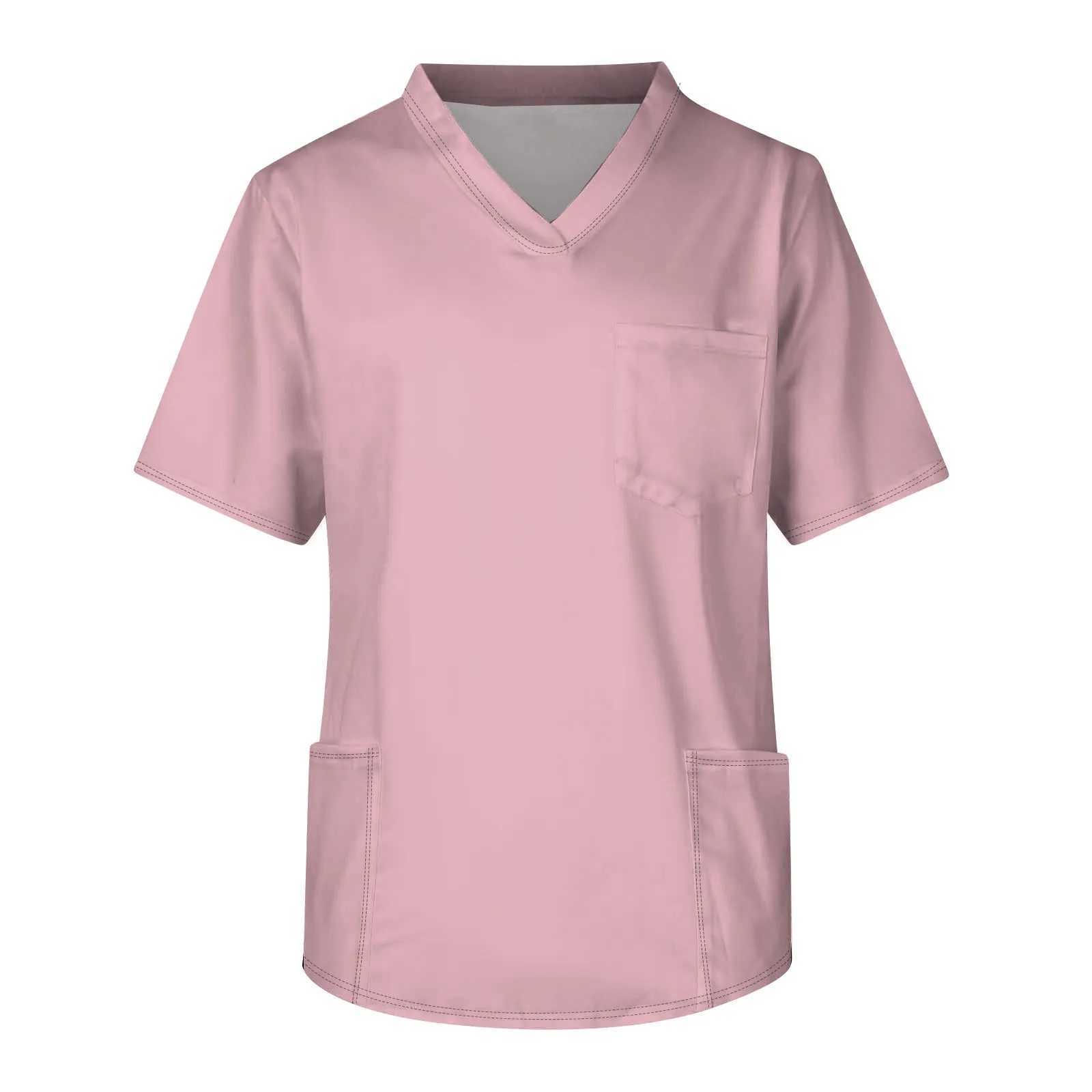Summer Scrub Top Nursing Uniform Solid Color Short-Sleeve V-Neck Nursing Work T-Shirt With Pocket Hospital Pharmacy Work Suit W251104