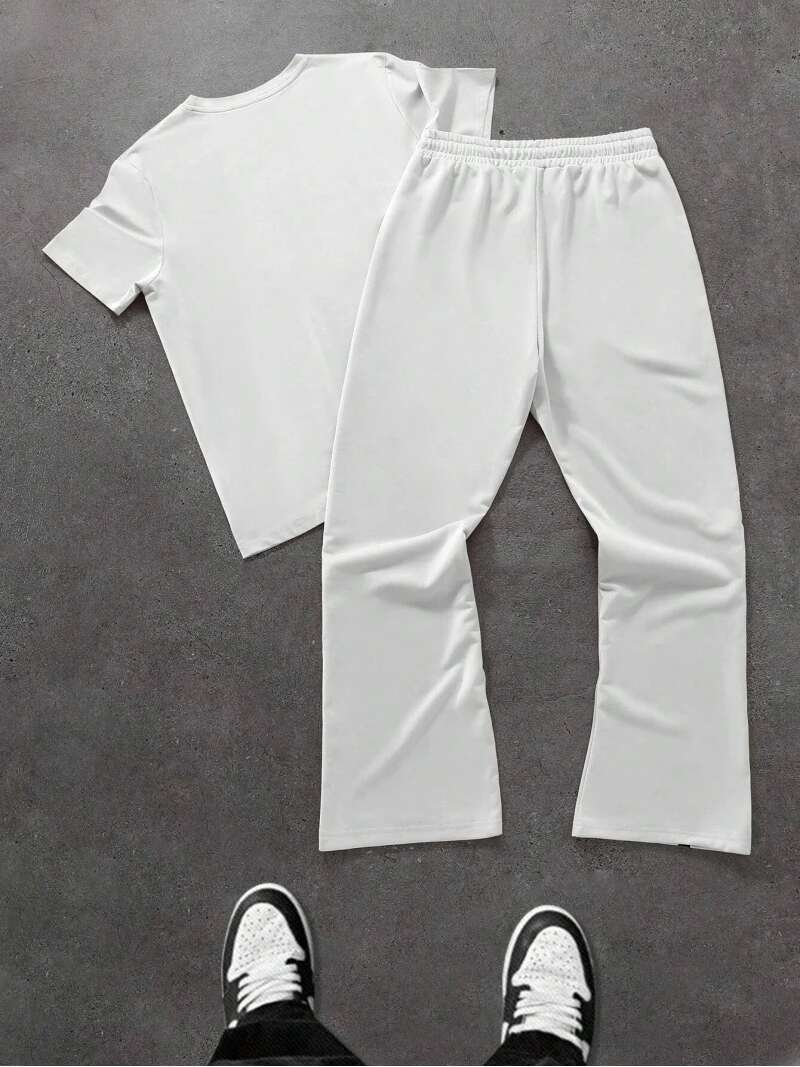 Trendy Two Piece Fashion STRONG Letter Printed Crew Neck T-Shirt And Trousers Set Hip Hop Wear Men's Clothing