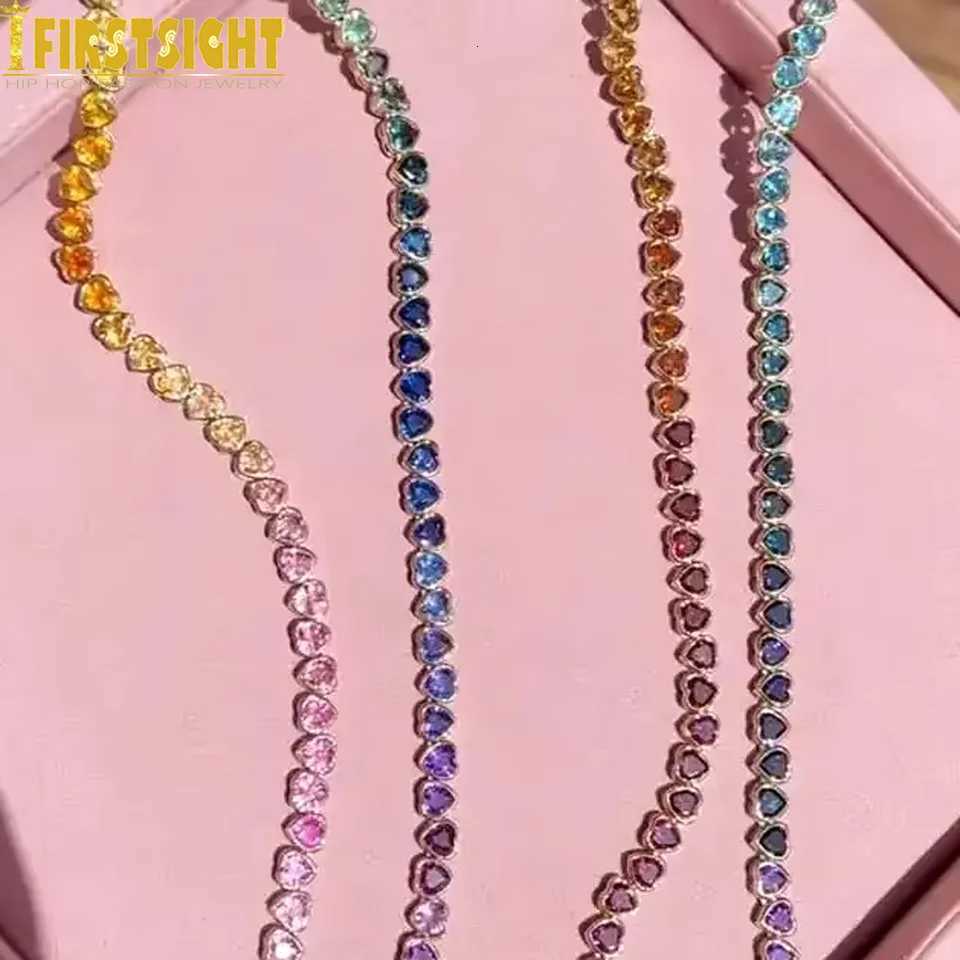2025 New Iced Out AAA Cubic Zirconia Heart Tennis Chain Necklace Gold Color Rainbow CZ Charm Choker Hip Hop Jewelry For WomenXJ251104