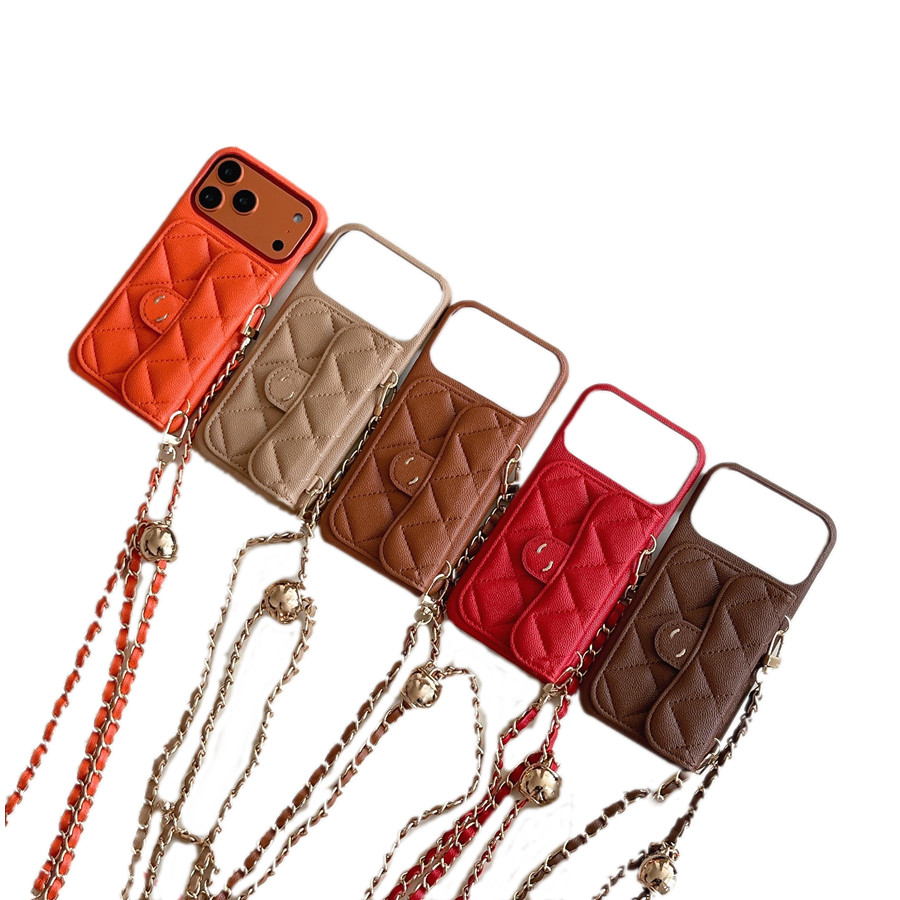 Crossbody Designer Phone Cases for iPhone 17 Pro Max 16 Pro Max 15 14 13 12 11 16 Plus Case Card Holder Caviar Leather Handbag Wallet Case Velvet Lining Chain Lanyard Gift