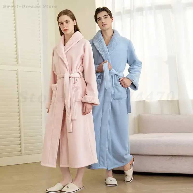 Winter Thick Couple Robe Sleepwear Mens Warm Nightgown Womens Long Coral Fleece Bathrobes Kimono Gown Home Clothes Loungewear C251104