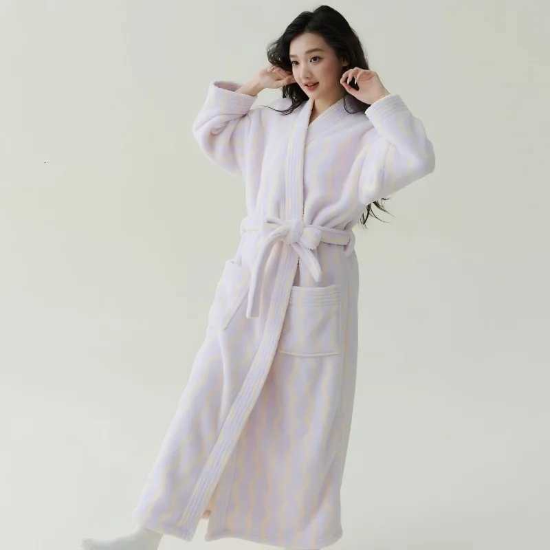 Womens Winter New Kimono Robe Ladies Coral Fleece Plush Warm Long Bathrobe Nightgown Sleepwear Female Thick Flannel Homewear C251104