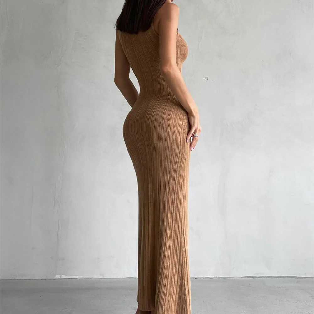 Talenza Knitted Slveless Slim Long Dress Womens Fashion Elegant Evening Dress High Neck Solid Color Sexy Knitted Long Dress X2504031