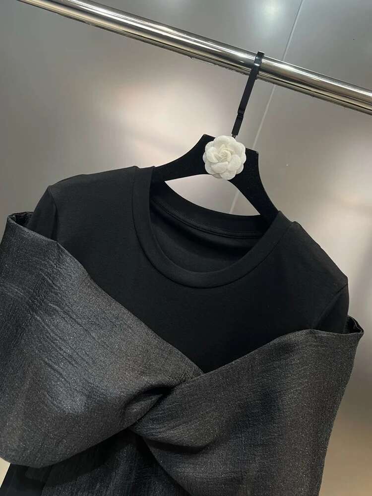 TWOTWINSTYLE Solid Spliced Bowknot Shirt For Women O Neck Long Sleeve Patchwork Mesh Casual Temperament T Shirts Female Style