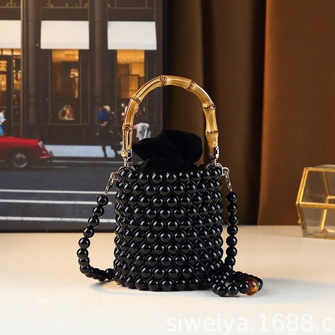 Fashionable Mini Drawstring Bucket Women's New Pearl Chain Hand-Held Bamboo Single Shoulder Crossbody Bag, Trendy