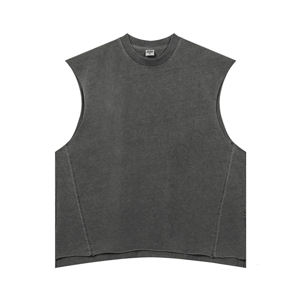 Large size washed cotton board vest mens sleeveless cut T-shirt hip-hop streetwear 250402