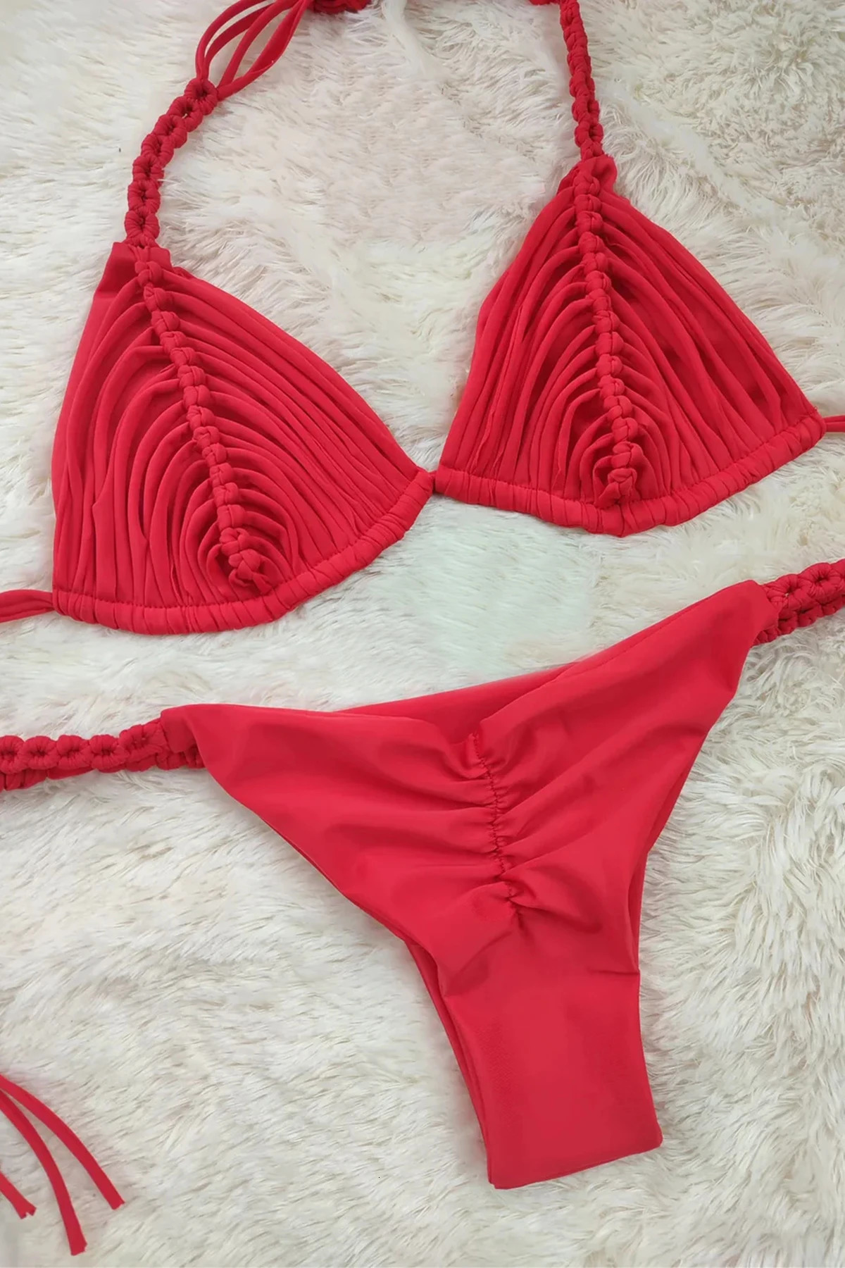 2025 Bandage Stripe Brazilian Bikini Swimwear Womens Braided Rope Swimsuit Two Piece Set Female Sexy Mujer Beachwear Summer 250402