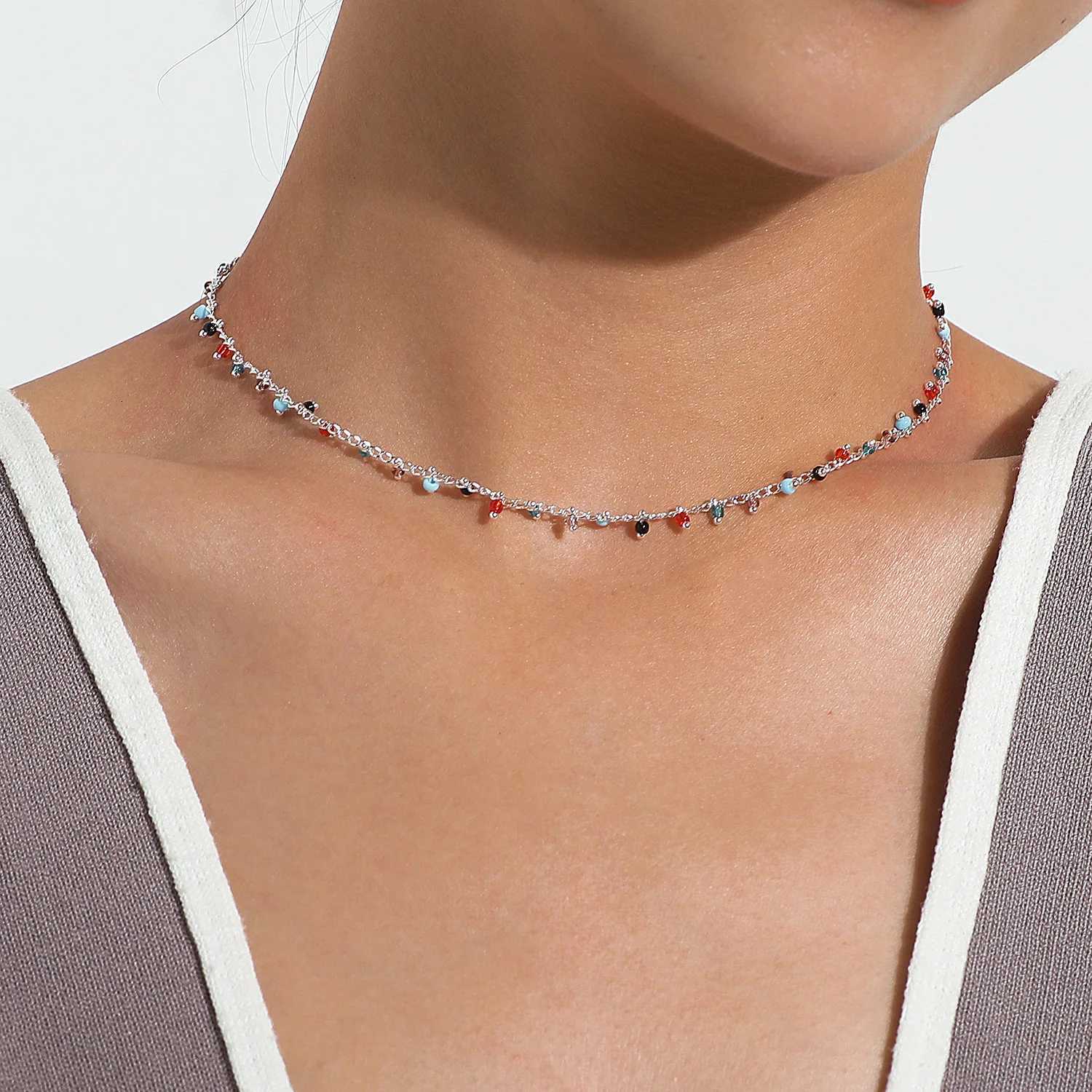 Bohemian Colorful Acrylic Crystal Bead Tassel Choker Necklace Simple Trend Handmade Bead Chain Necklace For Women Gift JewelryXJ251104