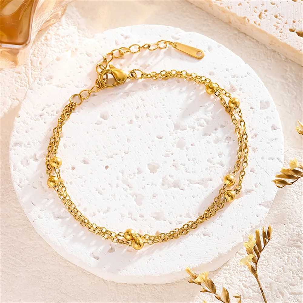 Punk 2 Layered Bead Chain Link Bracelet Female Gold Color Stainless Steel Hand Chain Bracelets for Women Jewelry Braclet 2025L251104