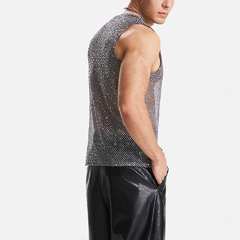 Mens Hollow Out Mesh Tank Tops Fashion Vests Tassel Sleeveless Streetwear Heavy Craft Perspective Sexy Performance Nightclub 250402