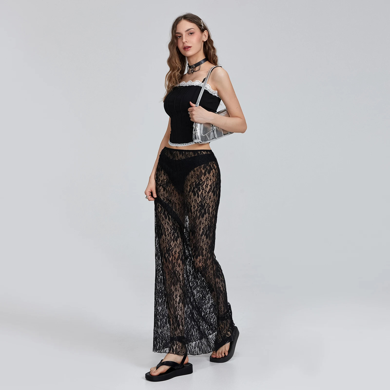 Women Sexy Sheer Lace Maxi Skirts Female Summer Boho See Through Bodycon Long for Party Club Streetwear Y2K Fairy Clothes 251103