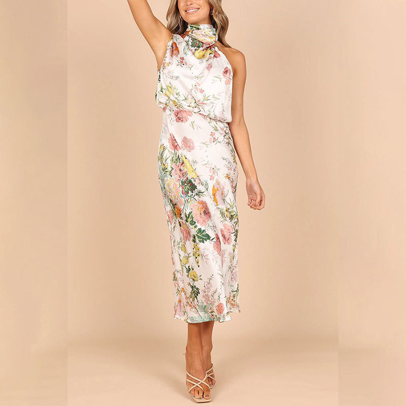 2025 spring/summer new womens clothing light mature temperament elegant hanging neck slim fit sleeveless long dress