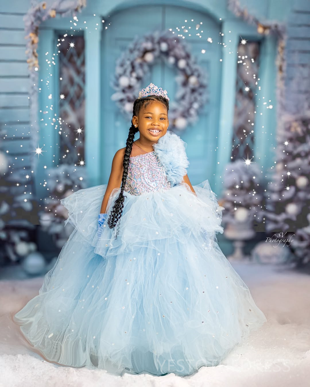 2025 Aso Ebi Light Sky Blue Flower Girl Dresses Children Birthday Dress Illusion One Shoulder Rhinestones Tiered Tulle Princess Queen Ball Gown For Ma