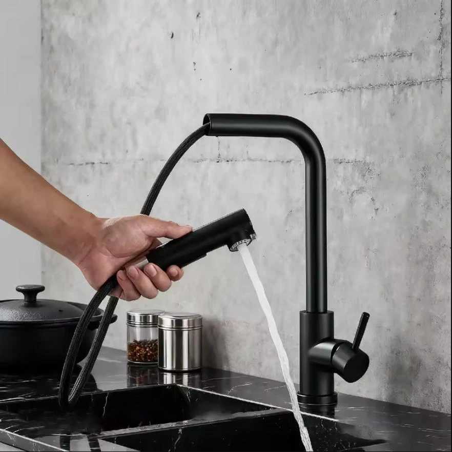 Upgraded Black grey Pl-Out Telescopic Rotary Kitchen Faucet Stainless Steel Hot Cold Dual Mode Easy Install Water Outlet Y251104