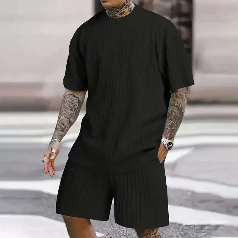 Men's Two Pcs Suits Outdoor Sports Running T-Shirt Shorts Sets Solid Stripe Short-Sleeve Men Spring Summer Casual Gym Sportswear