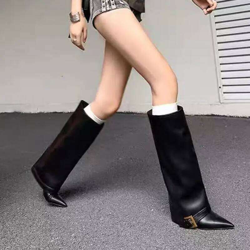 Luxury Black Heel Cowboy Long Women 2025 Winter Y2K Metal Buckle Designer Knee High Boots Woman Leather Pipe Booties