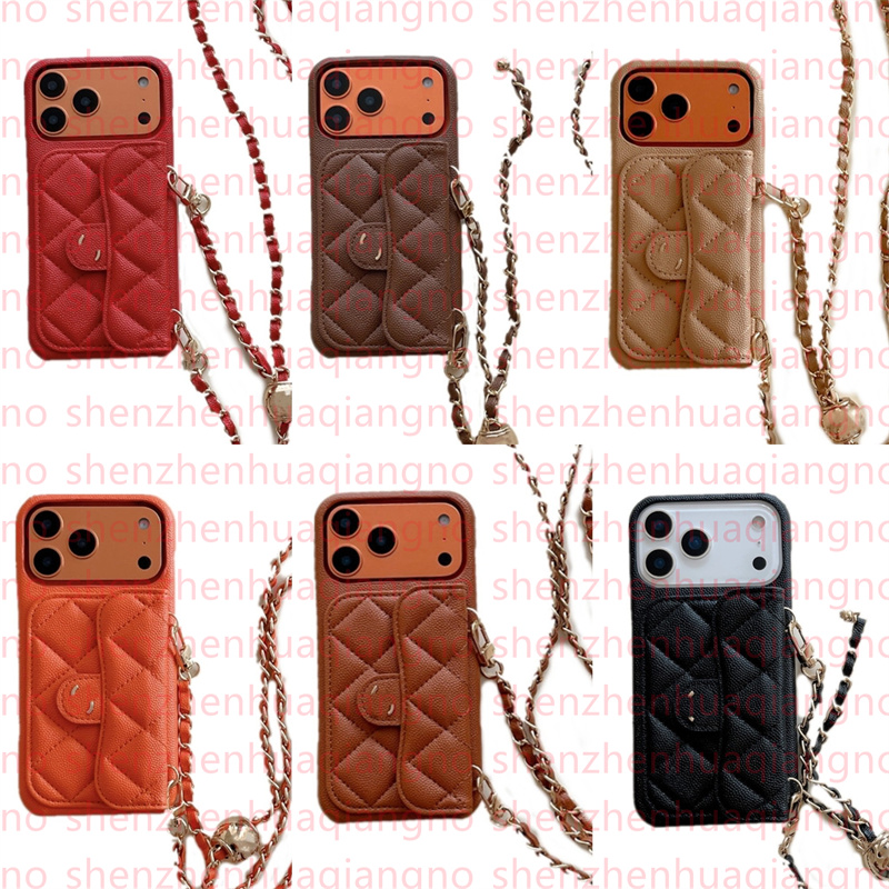 Fashion Crossbody Phone Case Designer iPhone Case for iPhone 17 Pro Max 16 Pro Max 15 14 13 12 16 Plus Case Caviar Leather Sheepskin Card Holder Wallet Cover Chain Straps