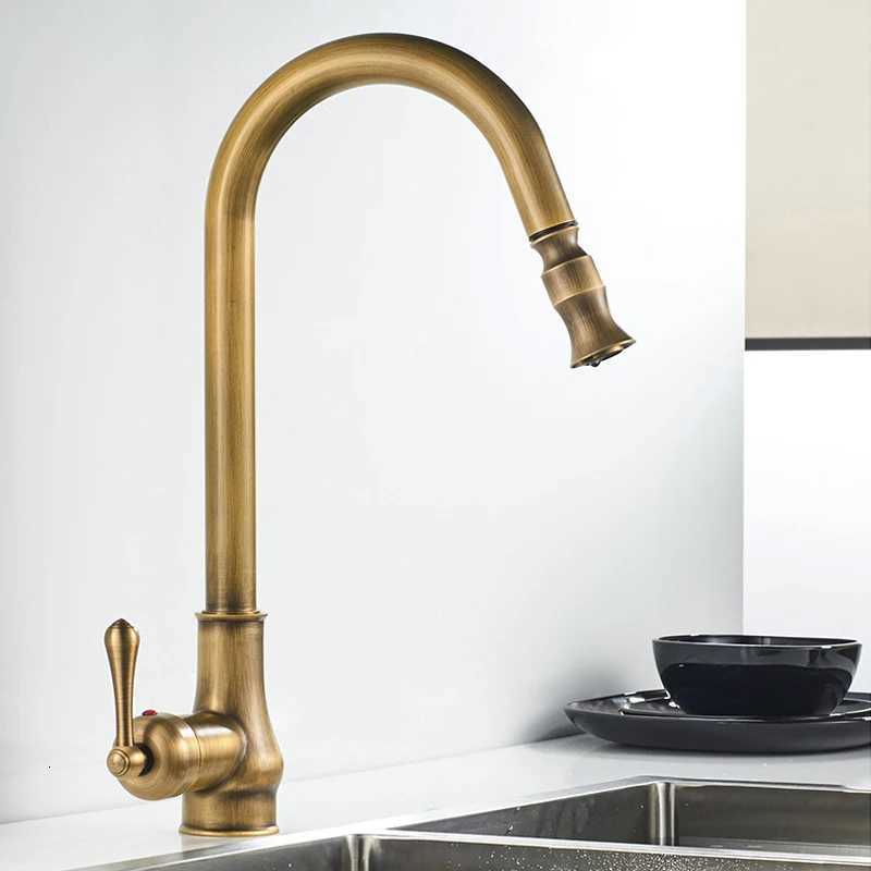 Hotaan Antique Brass Kitchen Faucet Single Hole Pl Out Spout Copper Kitchen Sink Mixer Tap with Stream Sprayer Y251104