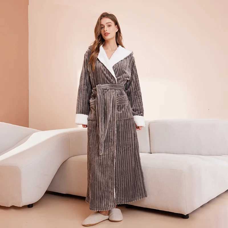 Women Winter Warm Robes Fluffy Fleece Dressing Gown Long Sleepwear Lounge Housecoat Flannel Stripe Hooded Bathrobe C251104