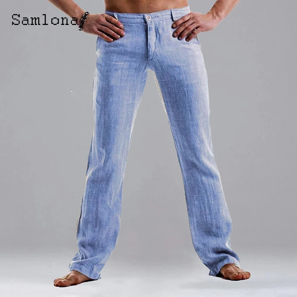 Samlona Mens Casual Linen Pants Solid Elastic Waist Loose Straight Trouser Plus Size 3xl Mens Fashion Leisure Beach Pants 250402