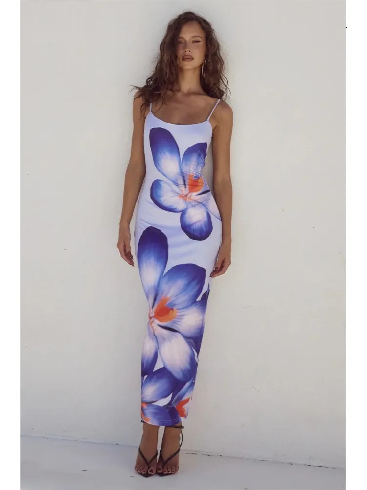 Floral print ultra-thin spaghetti strap dress womens sexy suit Hip Bodycon fashionable womens party club long dress 250328
