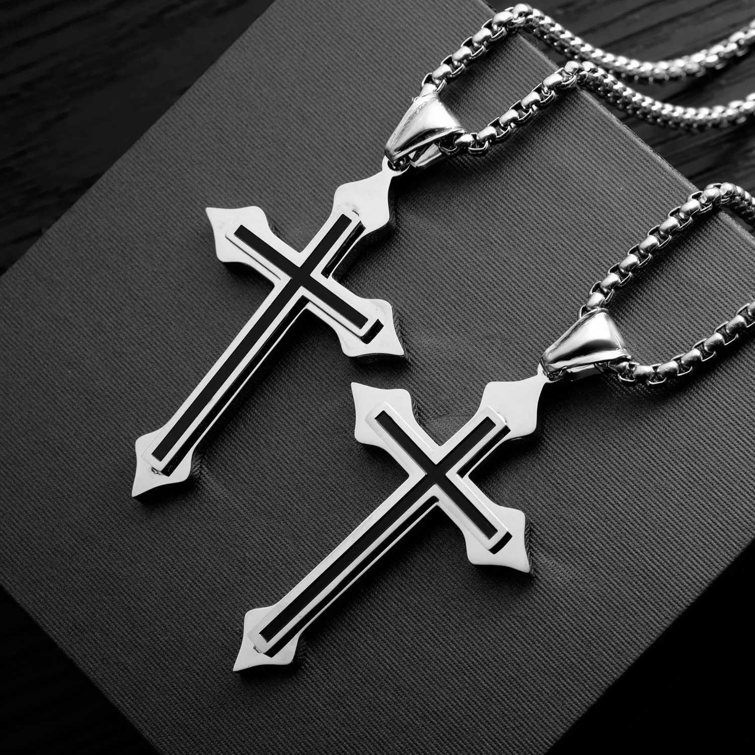 Minimalist Cross Necklace Black Oil Drop Pendant Silver Color Stainless Steel Chain hip-hop Punk Jewelry For Women Men GiftsXJ251104