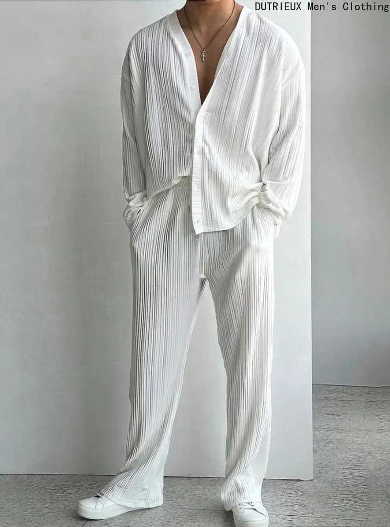 Autumn Loosefit Mens Twopiece Set Business Casual Oversized Longsleeved Shirt and Pants Suit Soft Comfortable Mens Outfit J251104