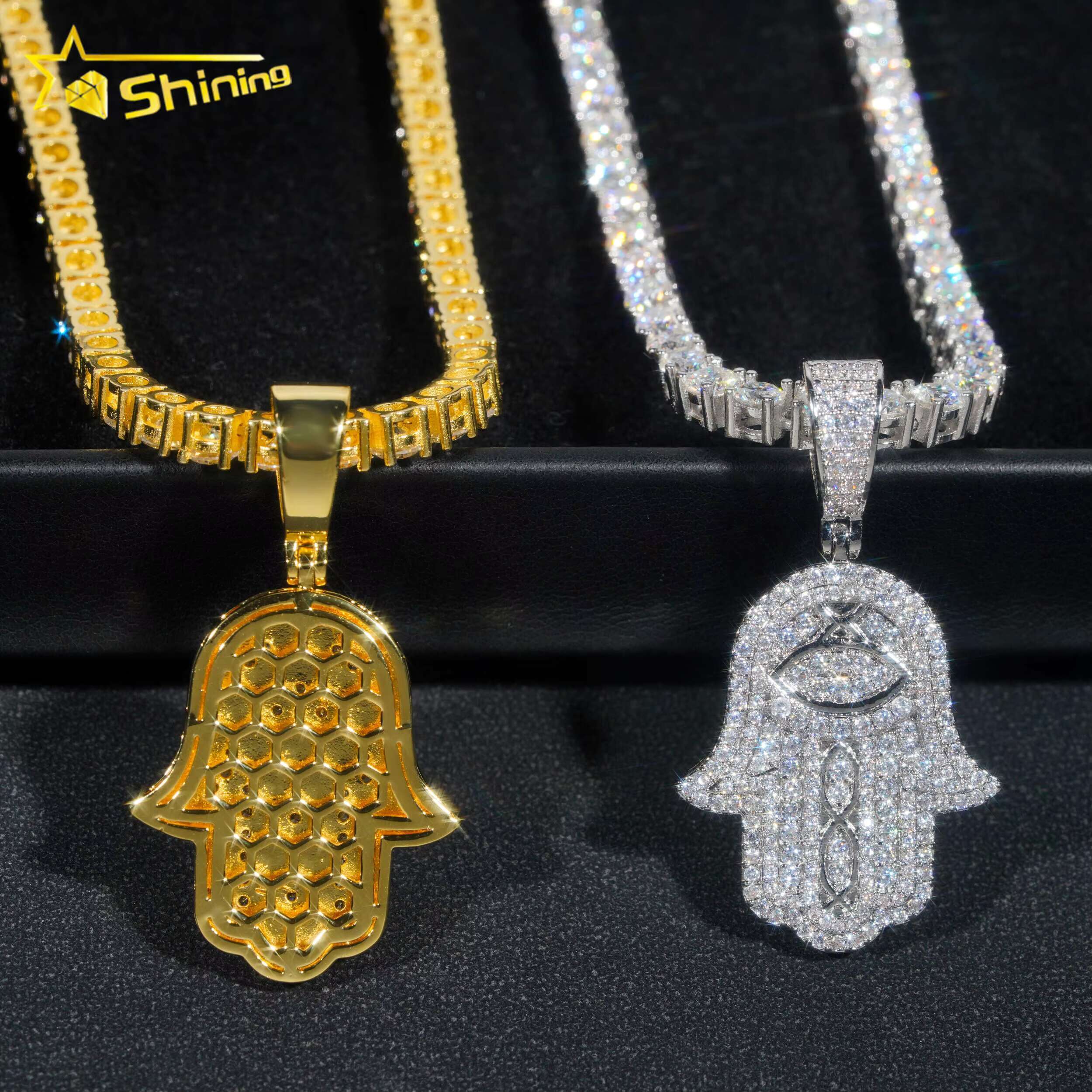 New Arrival Hip Hop Jewelry 18k Gold Plated Brass Pendants 5a Cz Diamond Hamsa Hand Charm Pendants with Tennis Chains
