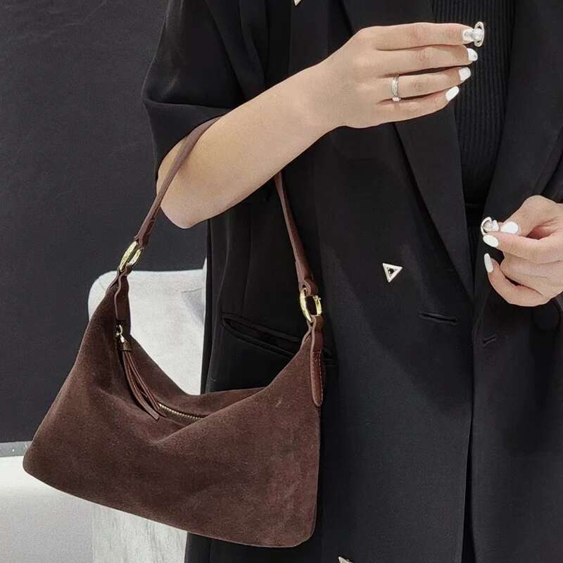 Natural Cow Suede Shoulder Underarm Bag Genuine Leather Hobo Crescent Handbag Half Moon Winter Fashion Casual