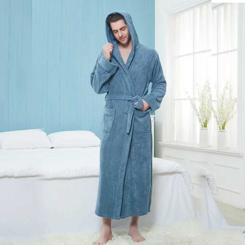 Men Bathrobe Winter Hooded Extra Long Thick Warm 100 Cotton Mens Robe Luxury Kimono Bath Robe Sleepwear Male Dressing Gown C251104