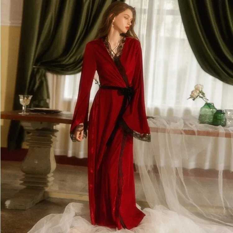 Sexy Velvet Robes for Women Long Sleeve Belted Lace Trim Bathrobe Soft Loungewear Ladies Sleepwear C251104